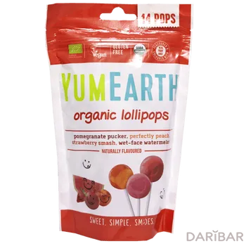 YumEarth Органические фруктовые леденцы на палочке фруктовые, 4 вкуса (гранат, персик, клубника, арбуз) 85 гр № 01024