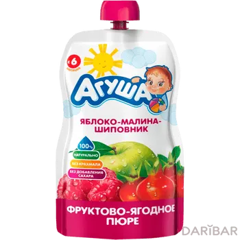 Пюре фруктовое Агуша 90 г Яблоко/Малина/Шиповник пауч