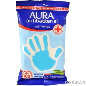 Салфетки влажные AURA Derma Protect АЛОЭ 15 шт антибактериальные