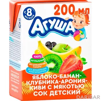 Сок Агуша яблоко-банан-клубника-арония-киви с мякотью 200 мл